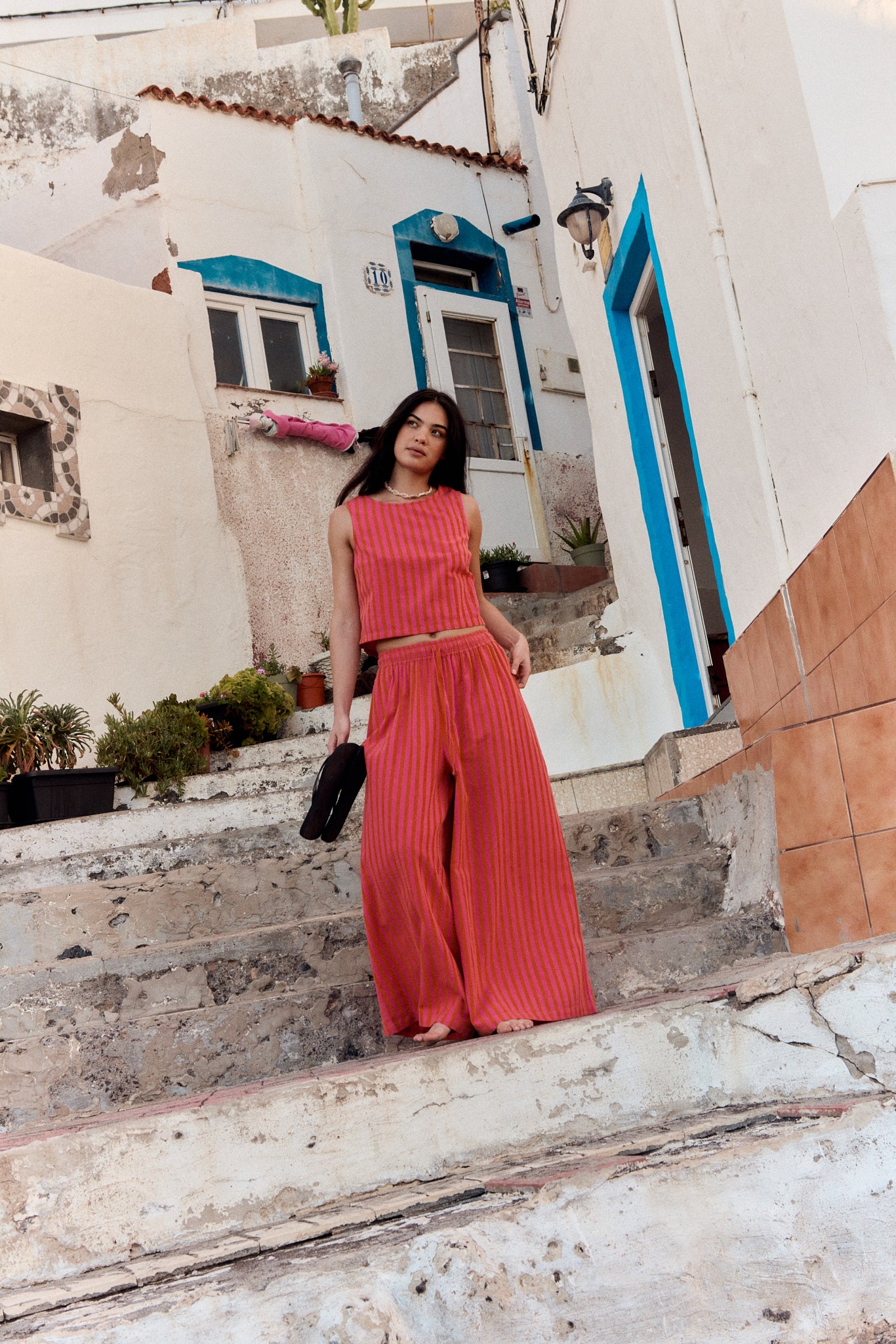 Arden - Cotton & Linen Shell Top in Pink & Orange Stripe