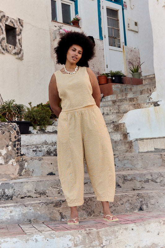 Obregon - Barrel Leg Cotton Trousers in Yellow Stripe