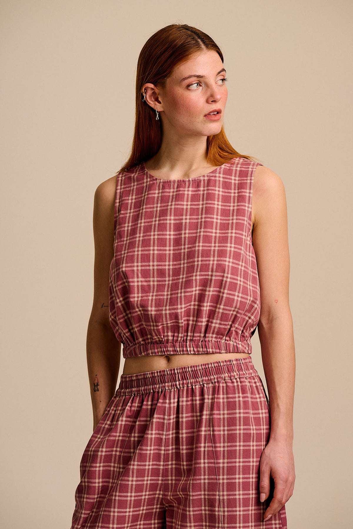 Lumi Cotton Cropped Woven Top Deco Rose Check