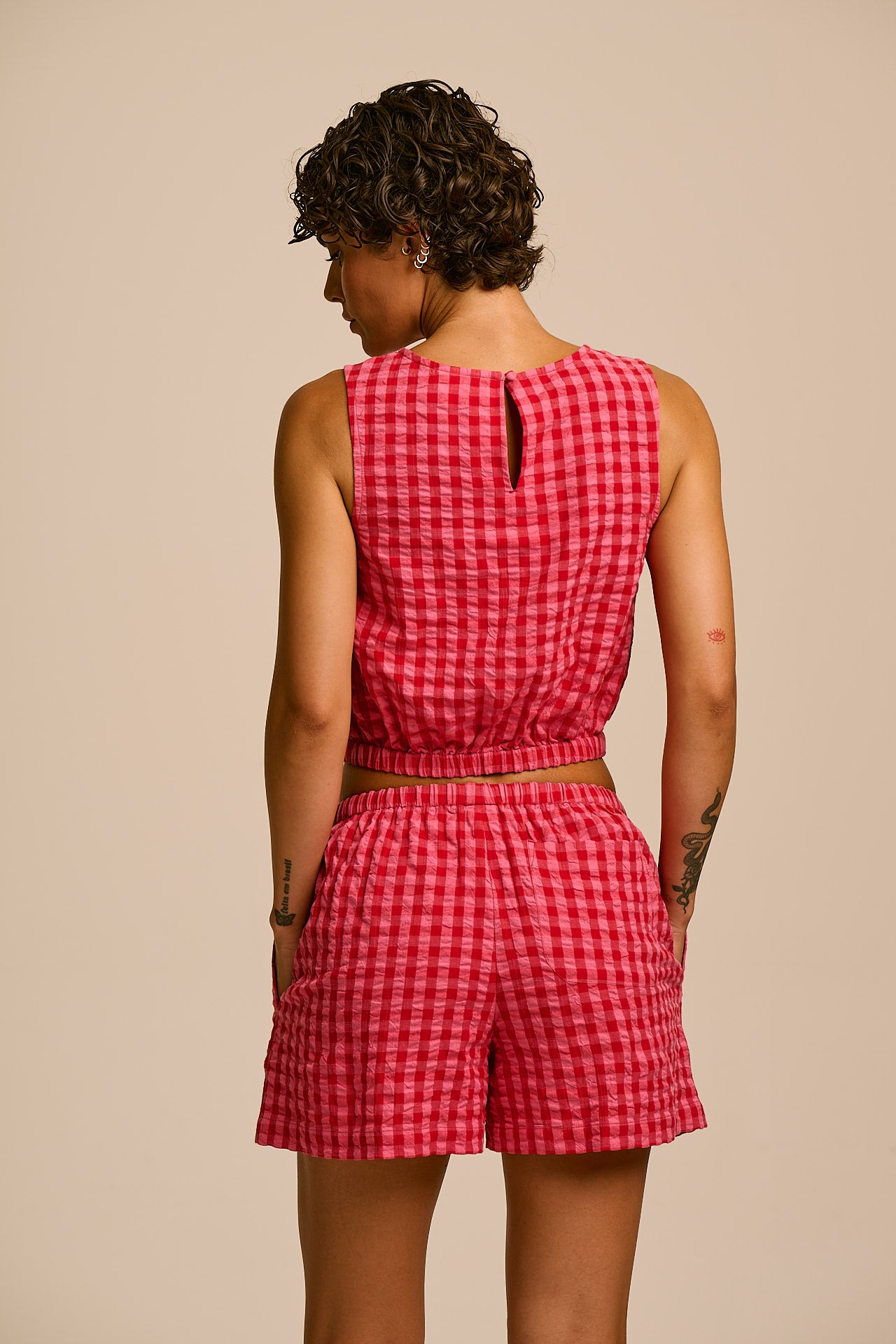Lumi - Cotton Cropped Woven Top in Pink & Red Check