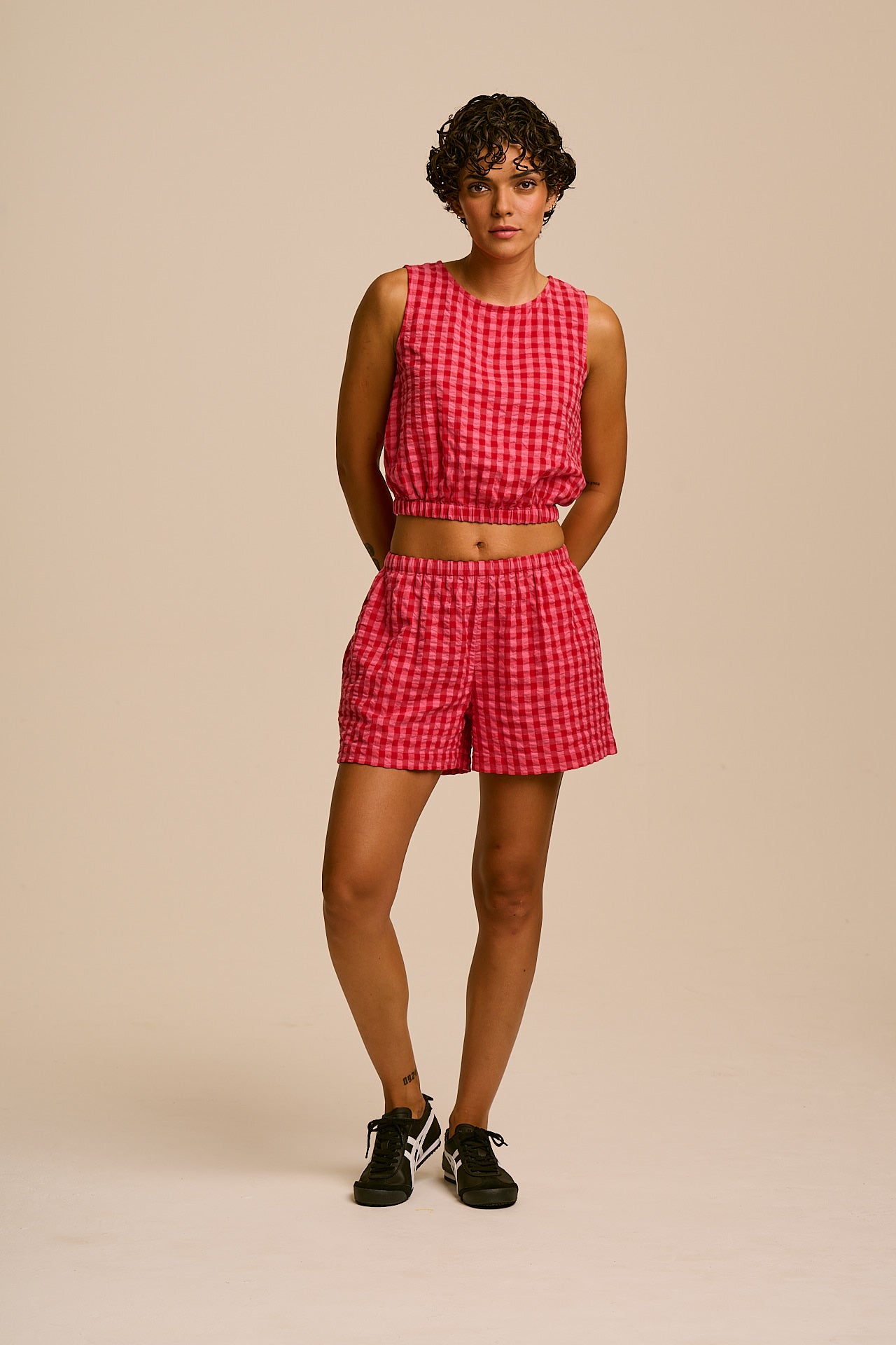 Lumi - Cotton Cropped Woven Top in Pink & Red Check