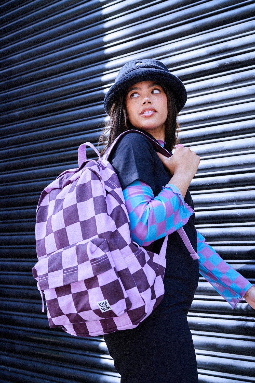 Pink and clearance white checkered backpack