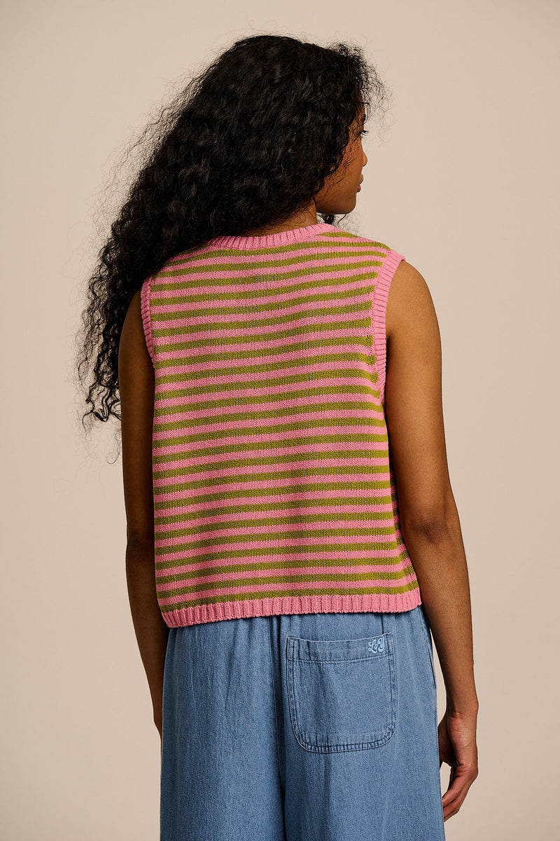 Lynne - Cotton Knitted Tank in Green & Pink Stripe
