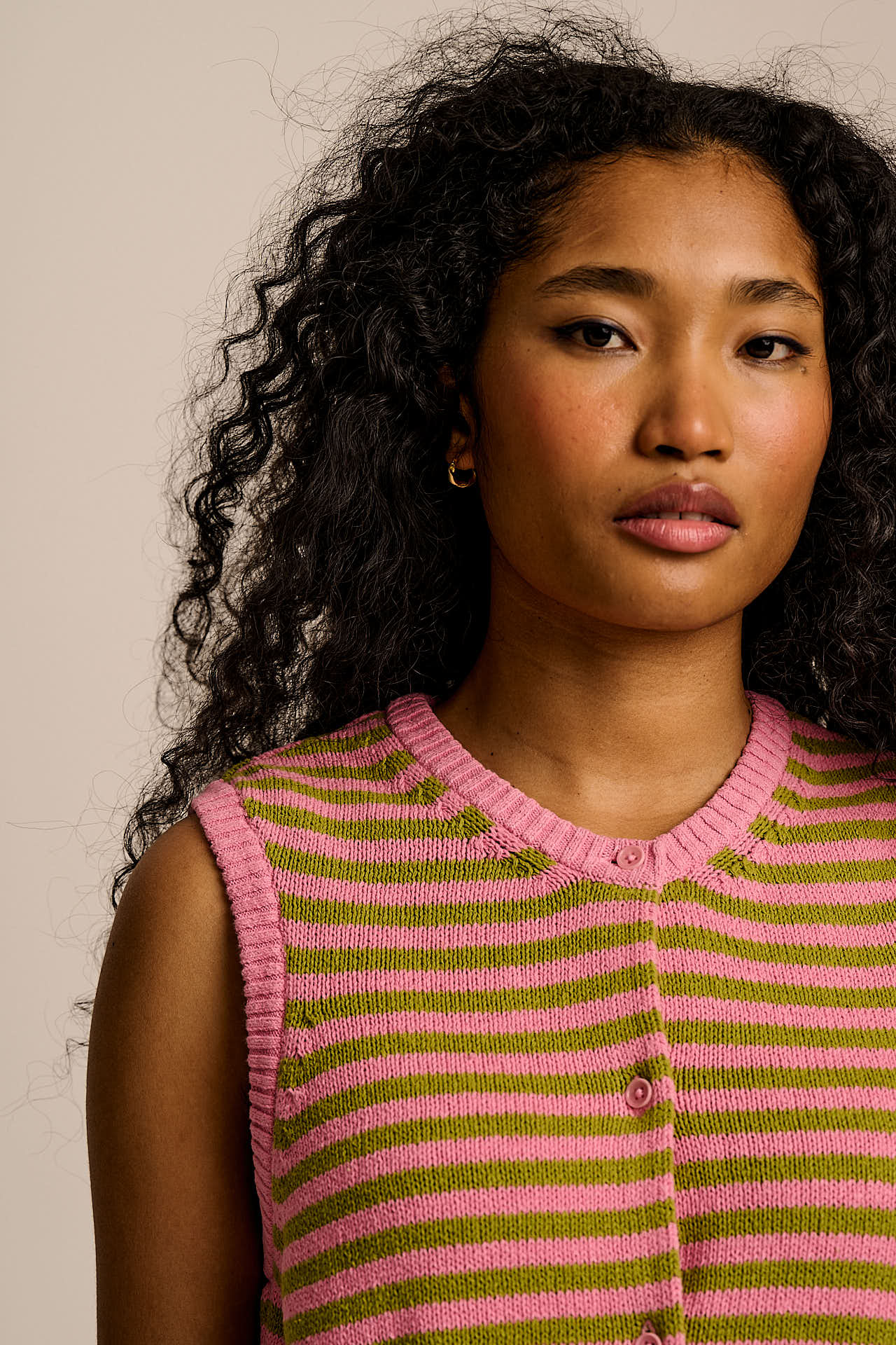 Lynne - Cotton Knitted Tank in Green & Pink Stripe