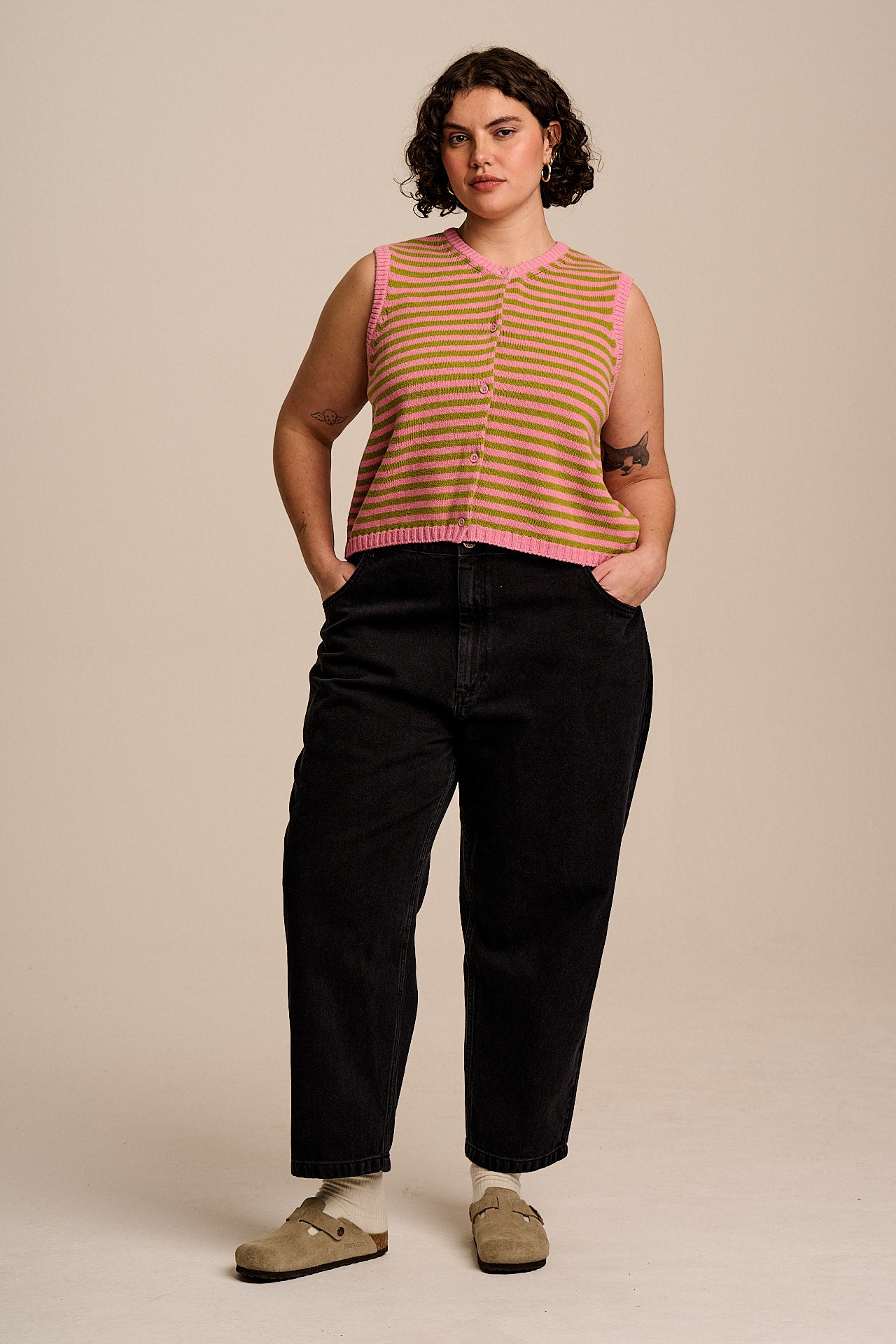 Lynne - Cotton Knitted Tank in Green & Pink Stripe