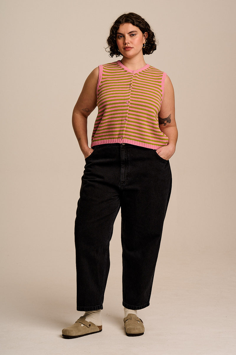 Lynne - Cotton Knitted Tank in Green & Pink Stripe