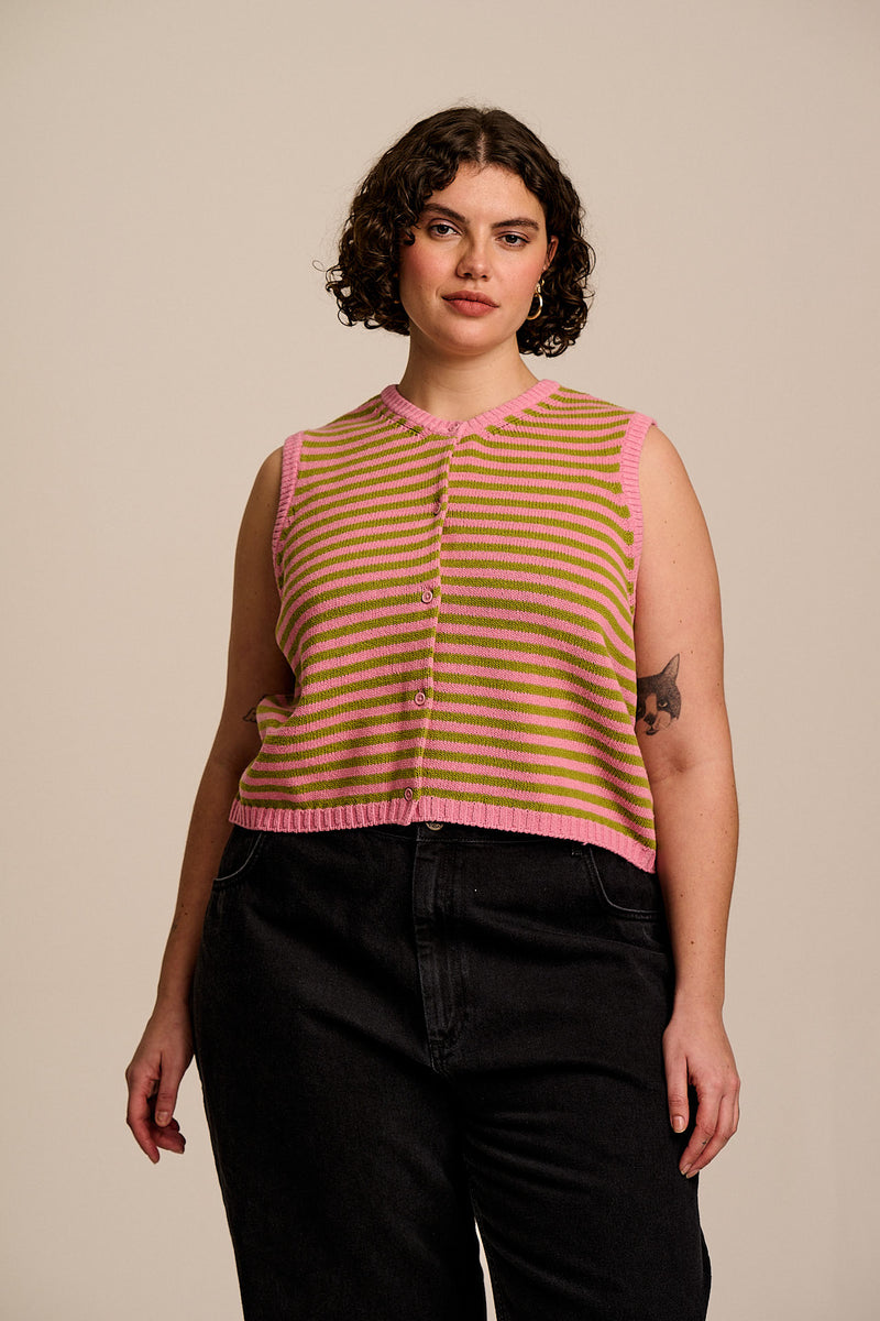 Lynne - Cotton Knitted Tank in Green & Pink Stripe
