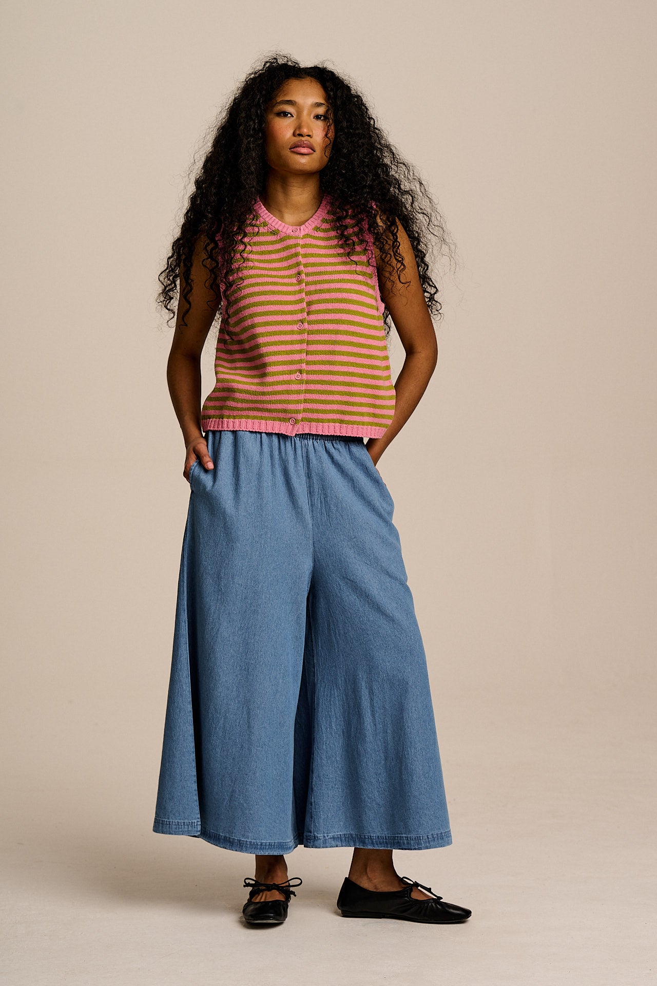 Lynne - Cotton Knitted Tank in Green & Pink Stripe