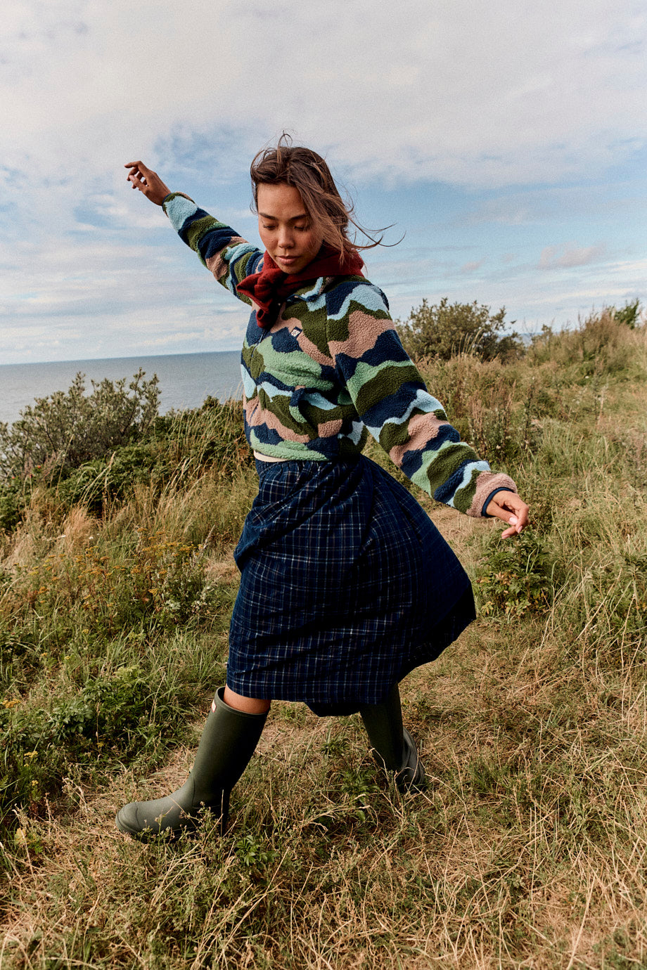 Sofiya - Organic Cord Midi Skirt in Woodland Check