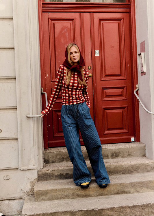 Cole -  Wide Leg Cotton Jeans in Pinstripe