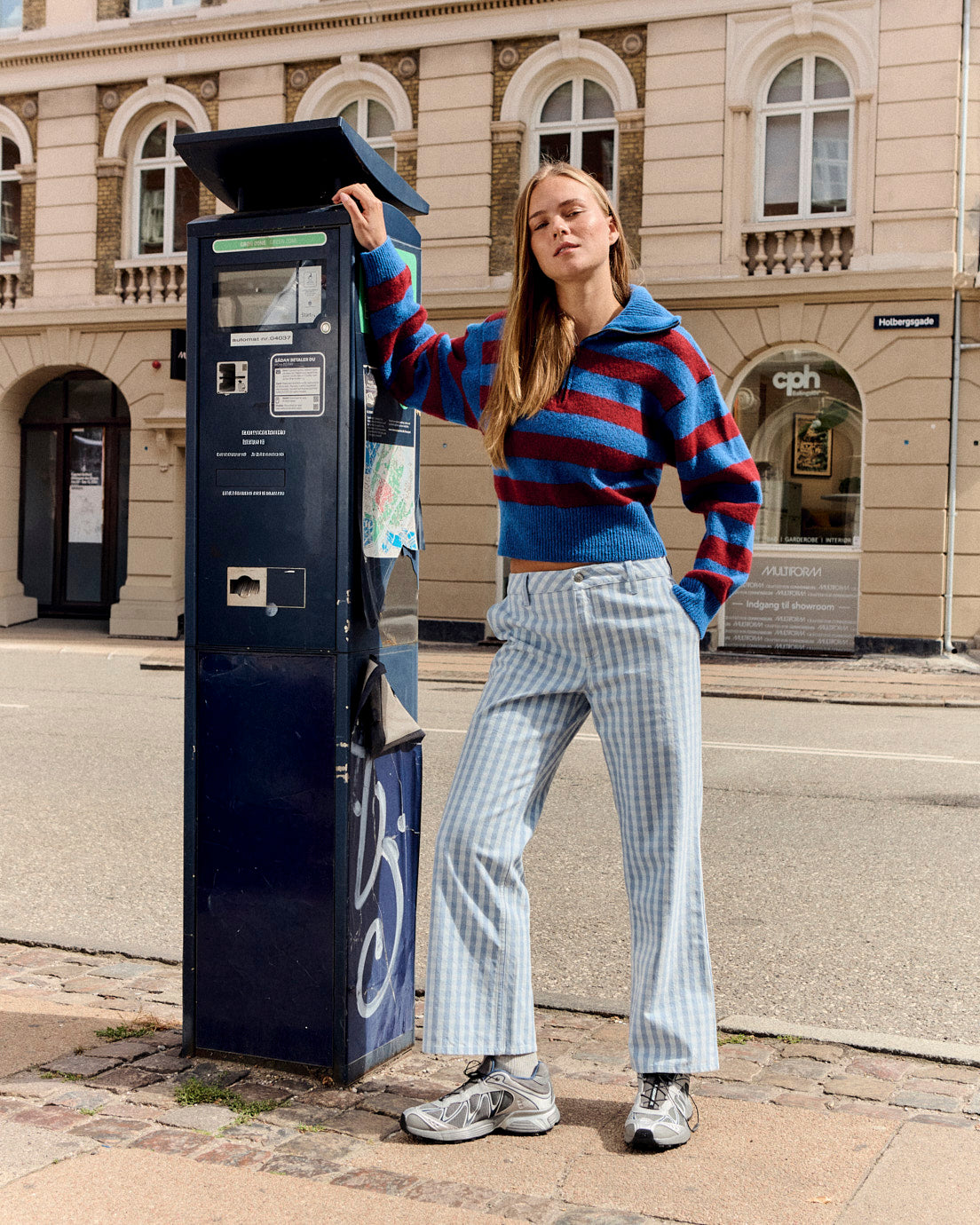 Ellis - Cotton Kickflare Trousers in Blue Gingham