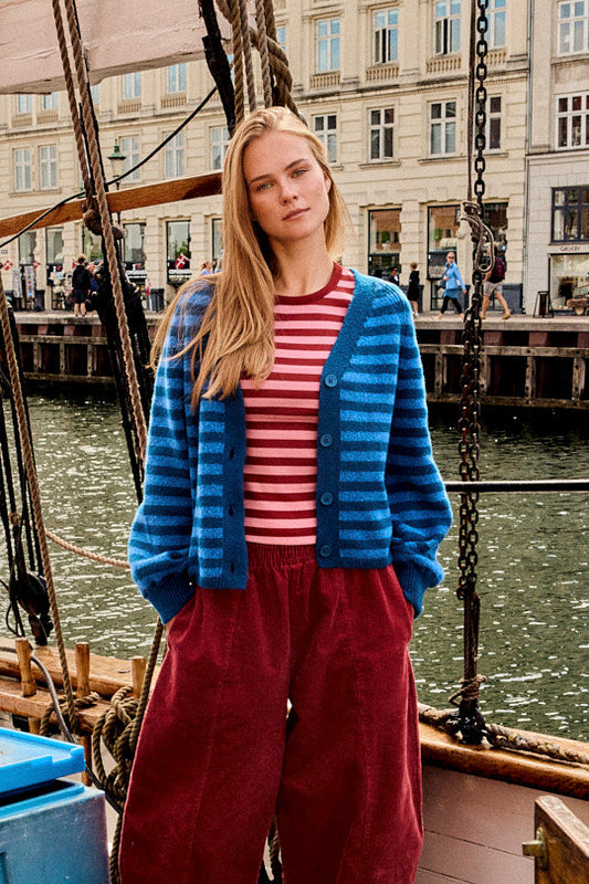Juniper - RWS Wool Knitted Cardigan in Blue Stripe