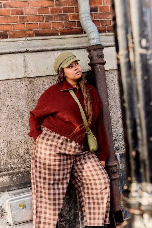 Chuck - Wide Leg Cotton Trousers in Black & Brown Check