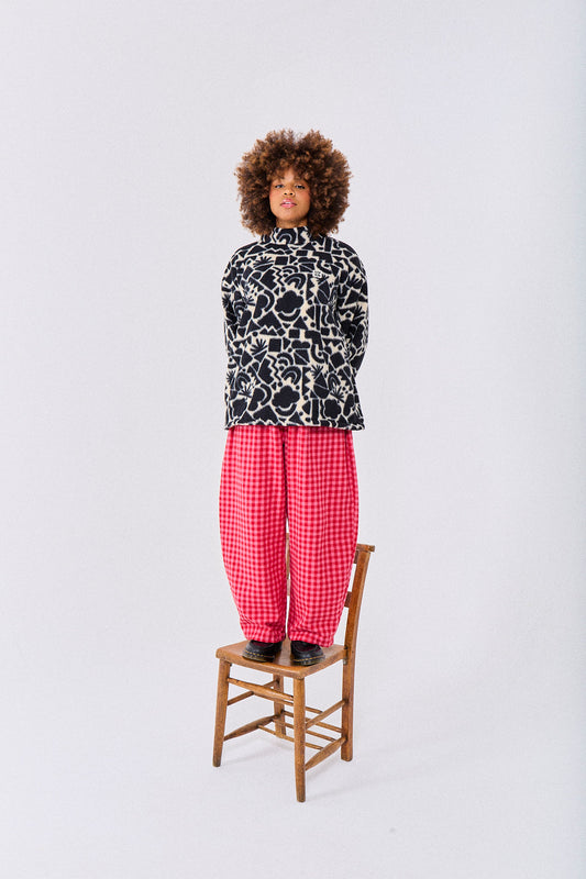 Beau - Barrel Leg Brushed Cotton Trousers in Pink and Red Gingham