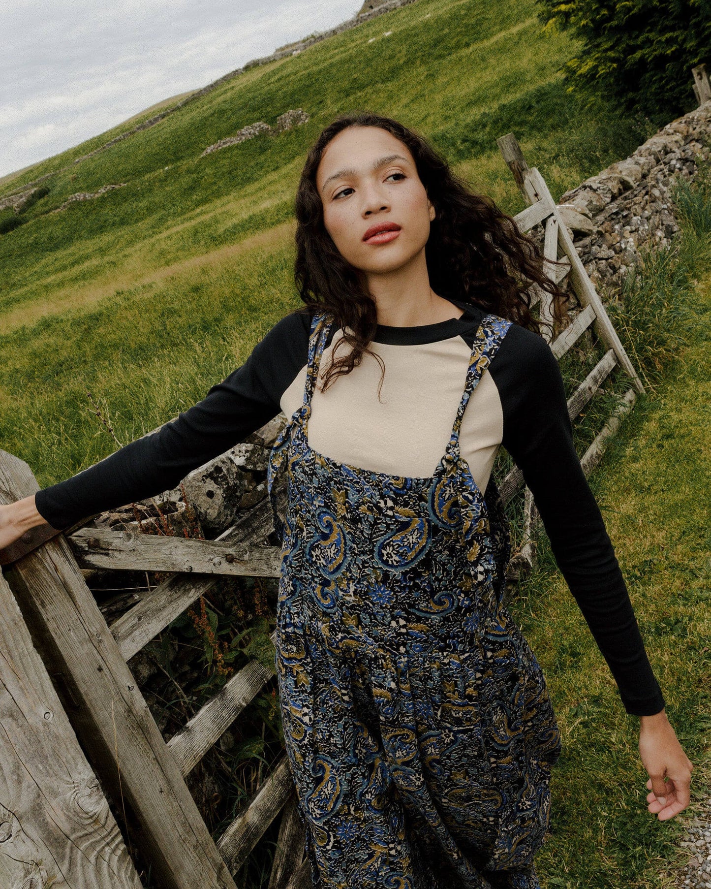 Miyada - Brushed Cotton Dungarees in Grunge Blue Paisley Print