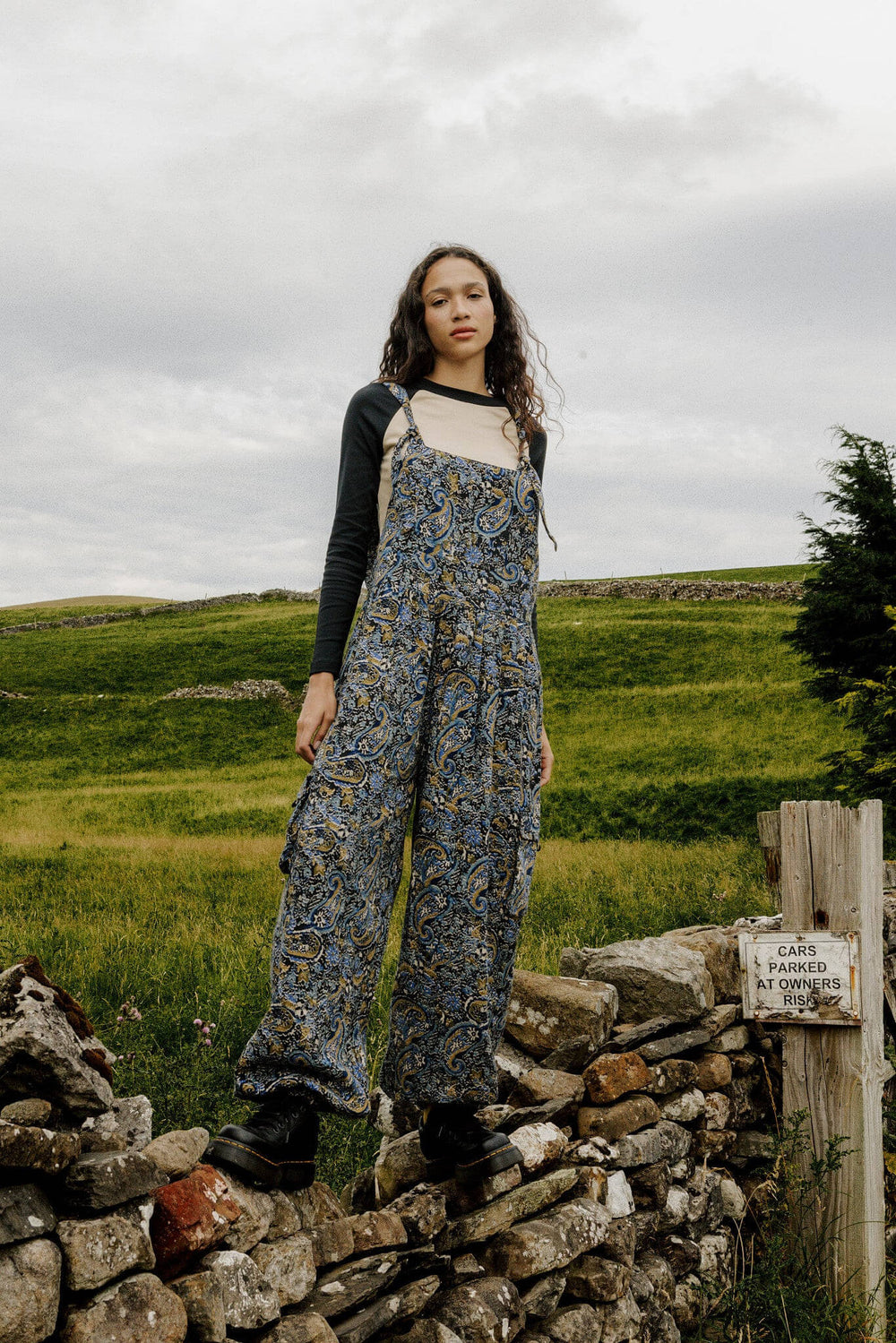 Miyada - Brushed Cotton Balloon Leg Dungarees in Grunge Blue Paisley Print