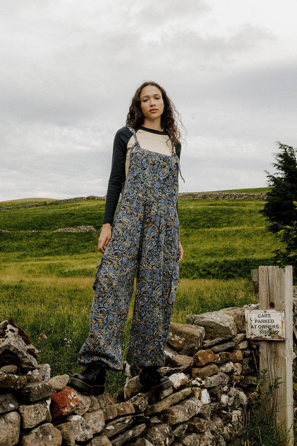 Miyada - Brushed Cotton Dungarees in Grunge Blue Paisley Print