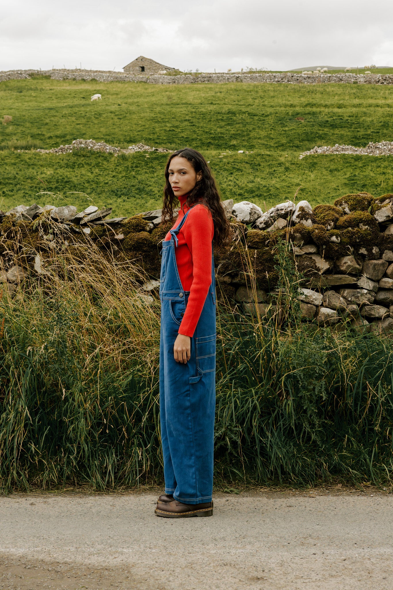 Mullen - Cotton Dungarees in Navy with Contrast Stitch