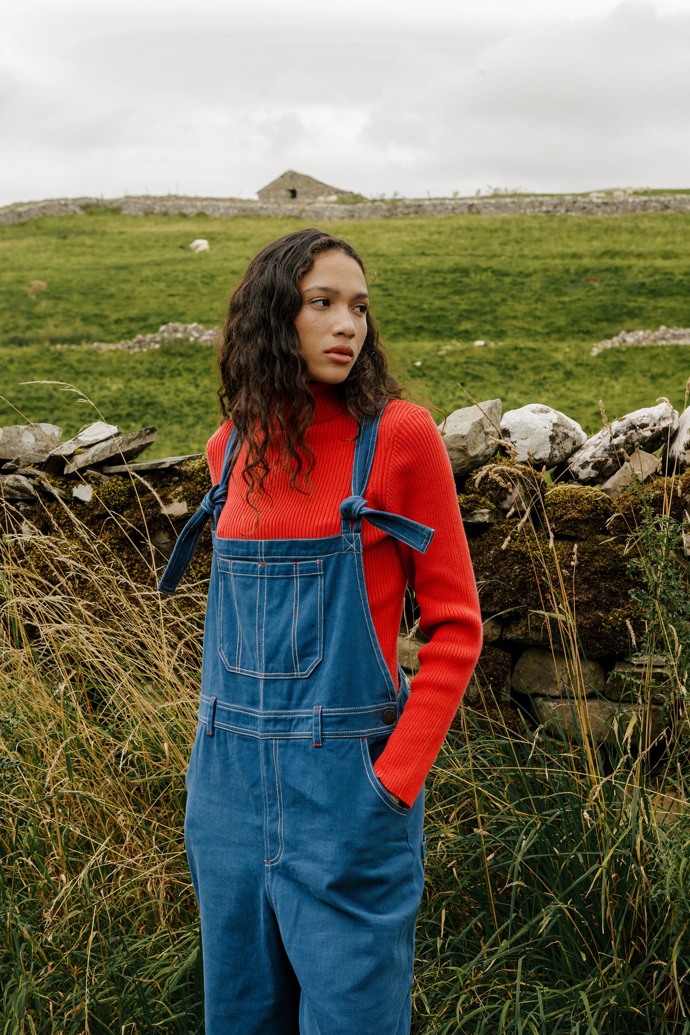Mullen - Cotton Dungarees in Navy with Contrast Stitch