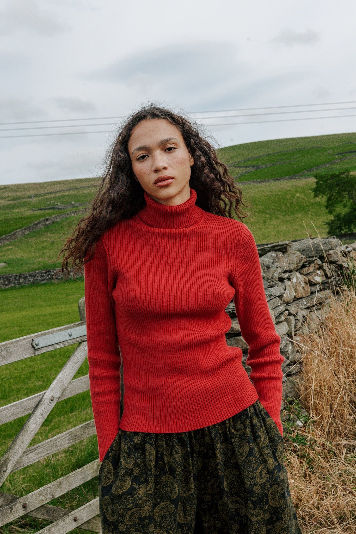 Eva - Knitted Roll Neck Long Sleeve Top in Cardinal Red
