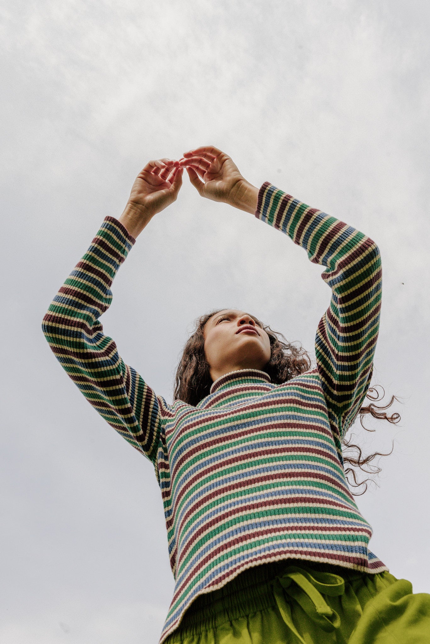 Eva - Knitted Roll Neck Long Sleeve Top in Earthy Stripe