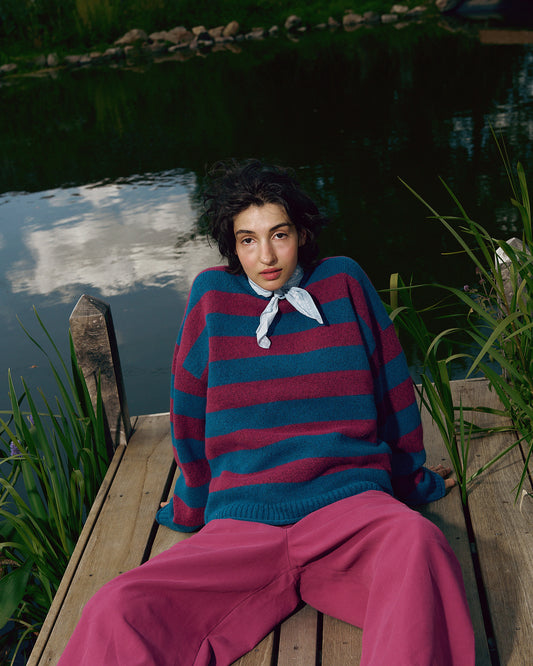 Areum - Oversized Knitted Jumper in Beetroot Stripe