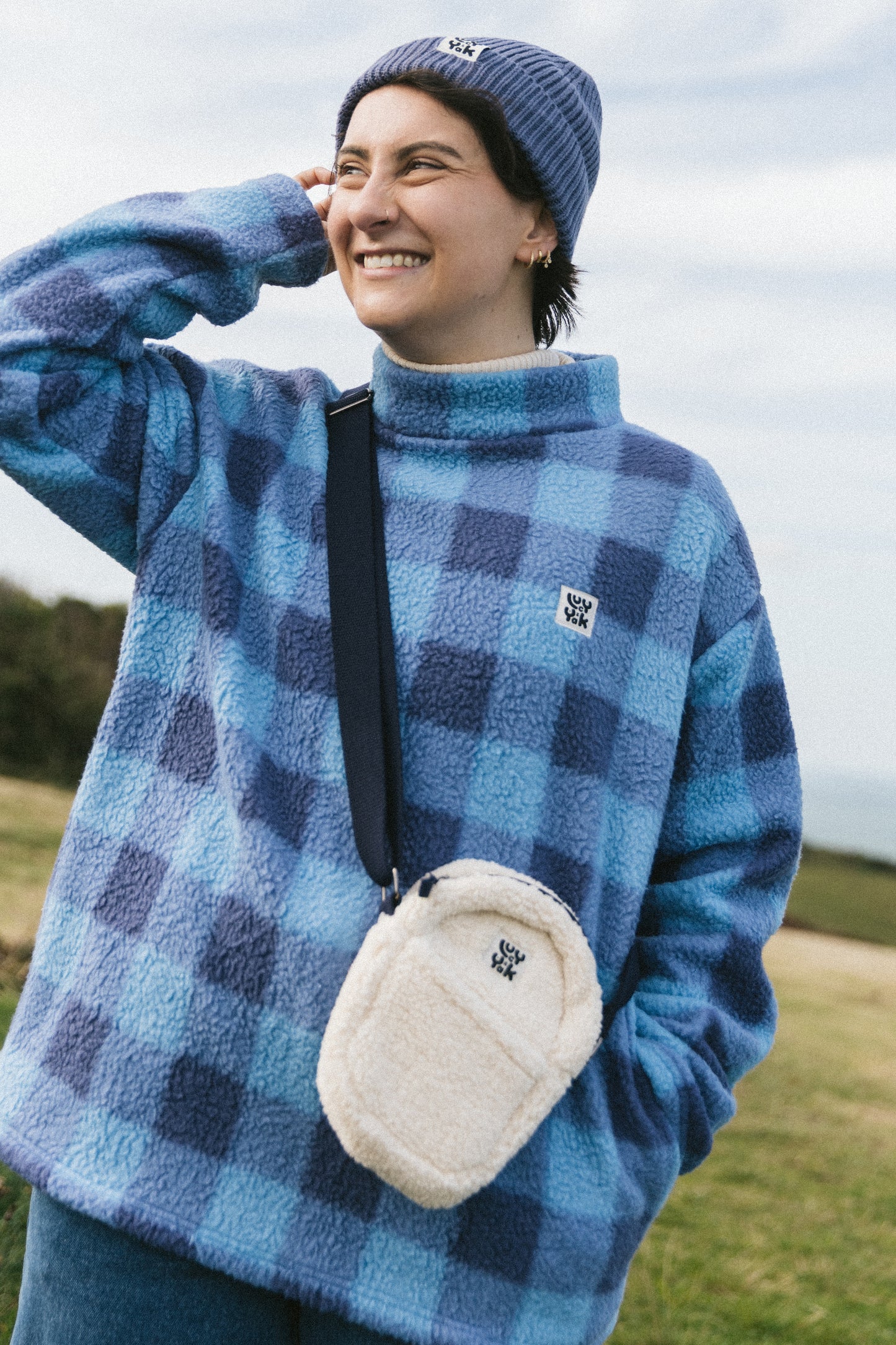 Manaia - Funnel Neck Polar Fleece in Blue Check