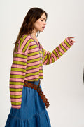 Roberta Long Sleeve Tee: WAFFLE FABRIC - Green, Pink & Berry Stripe