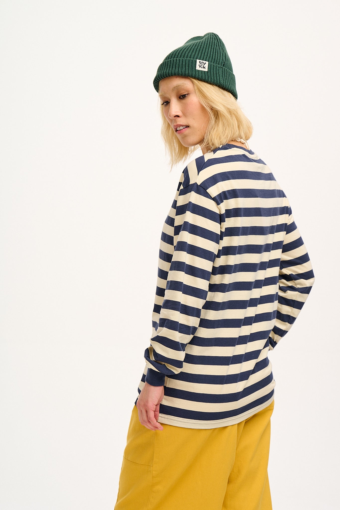 Kenny - Long Sleeve Skater Cotton Tee in Navy & Ecru Stripe