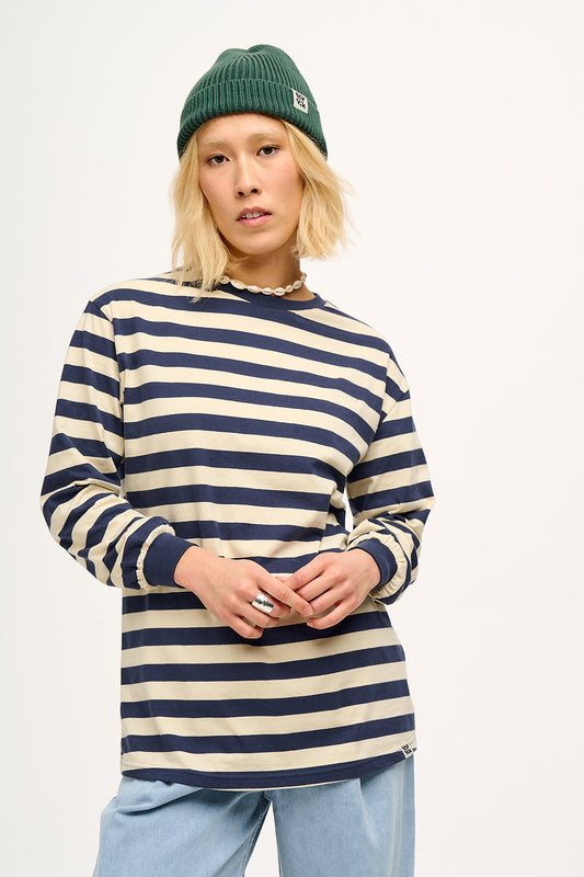 Kenny - Long Sleeve Skater Cotton Tee in Navy & Ecru Stripe