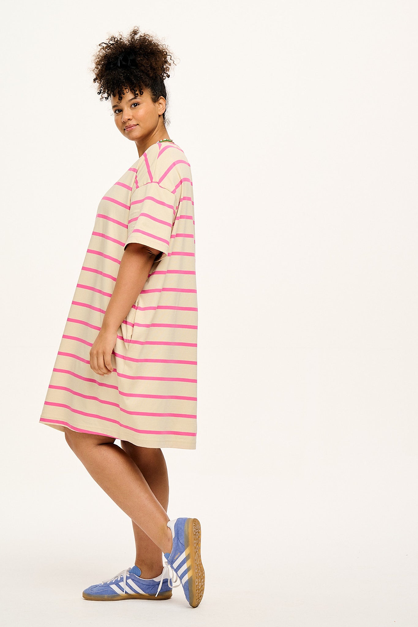 Lacey T-Shirt Dress: ORGANIC COTTON - Ecru/Pink Stripe