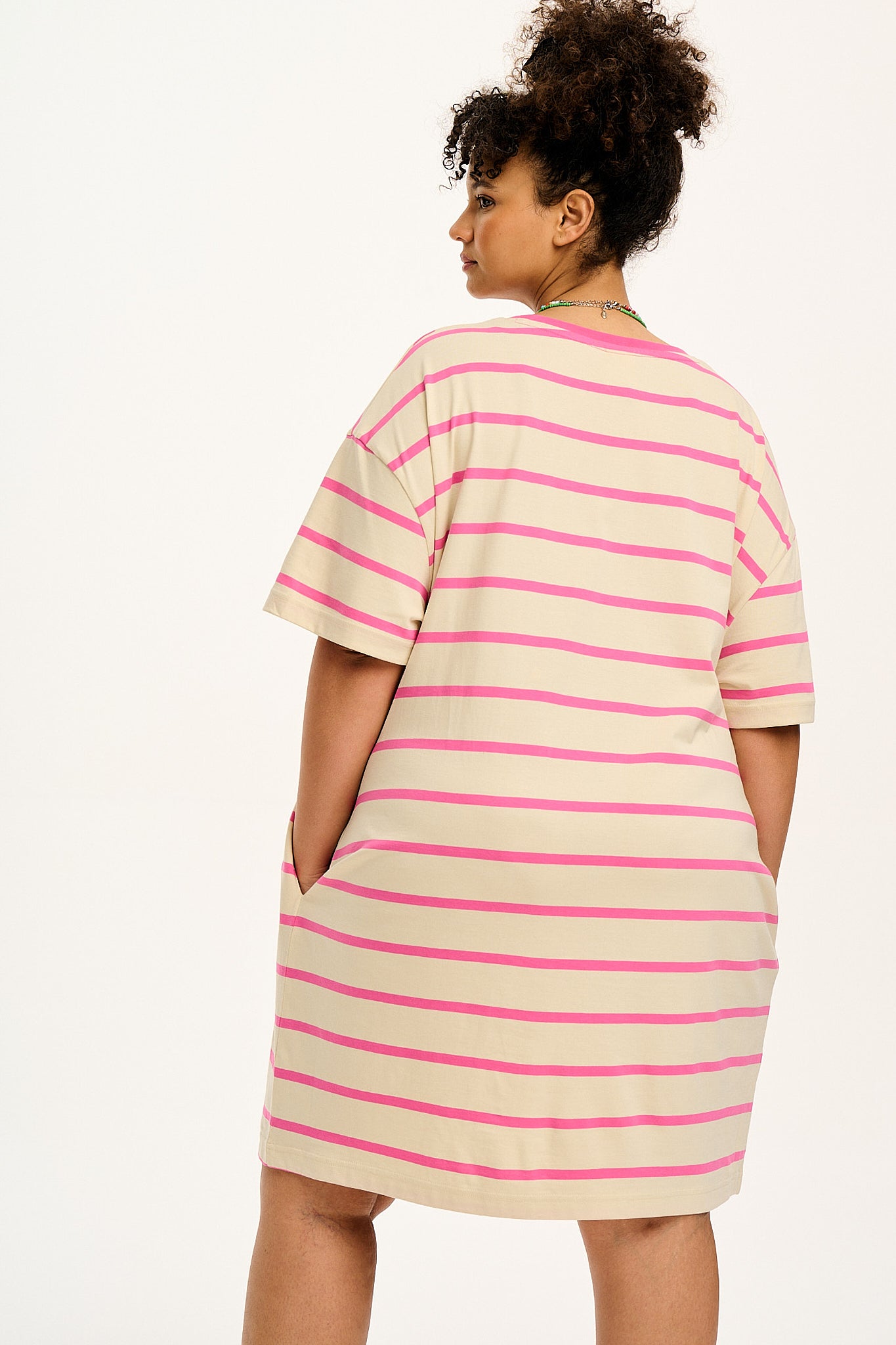 Lacey T-Shirt Dress: ORGANIC COTTON - Ecru/Pink Stripe