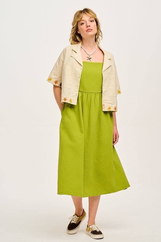 Faye - Midi Cotton Gauze Dress in Chartreuse Green