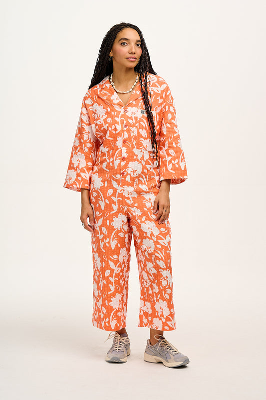 Fran - Oversized Cotton Jumpsuit in Coral Bloom Print