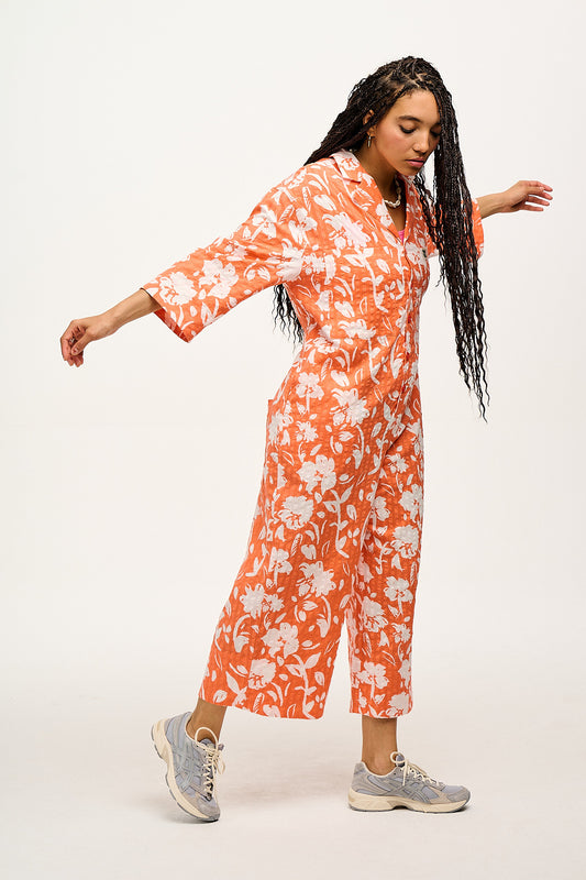 Fran - Oversized Cotton Jumpsuit in Coral Bloom Print