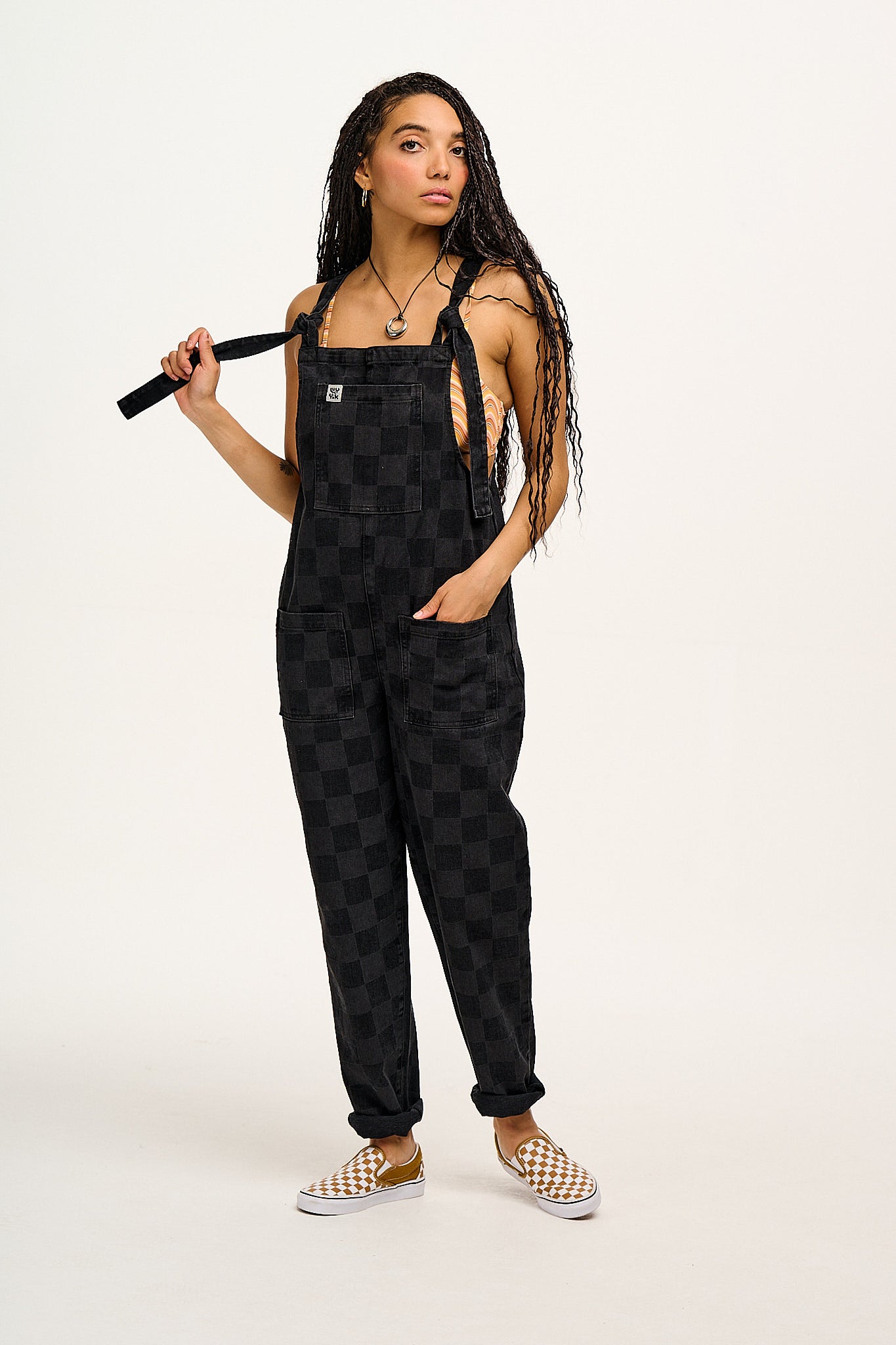 Original - Denim Dungarees in Washed Black Checkerboard