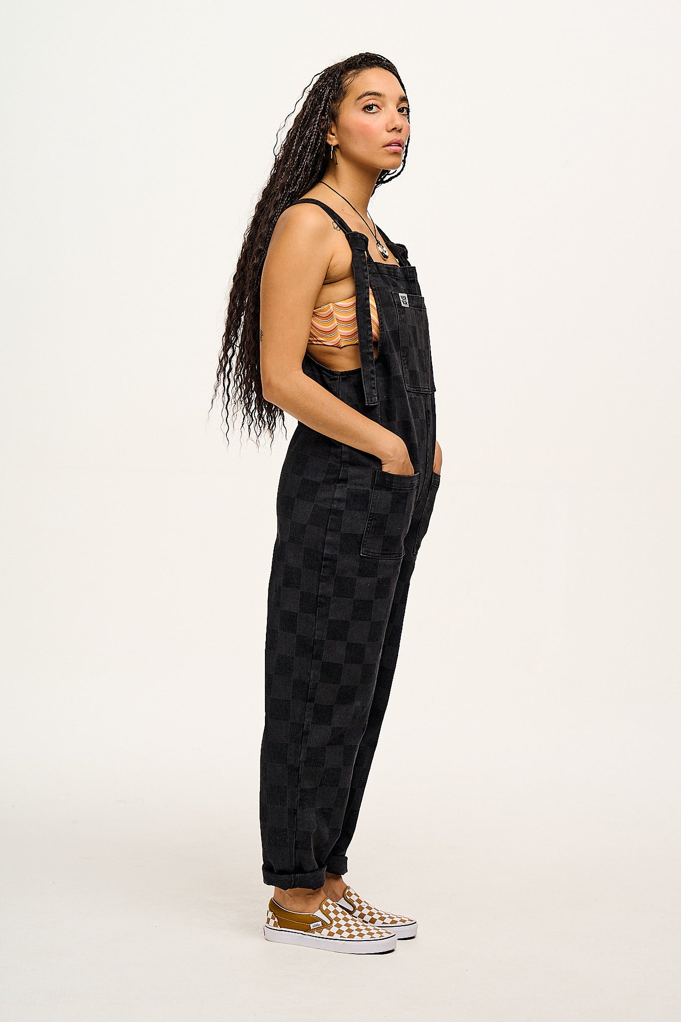 Original - Denim Dungarees in Washed Black Checkerboard