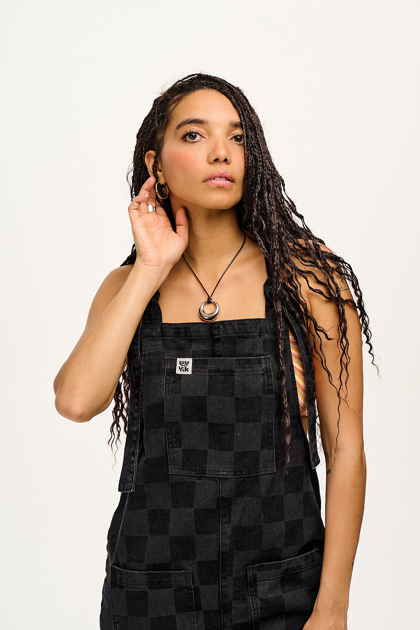 Original - Denim Dungarees in Washed Black Checkerboard