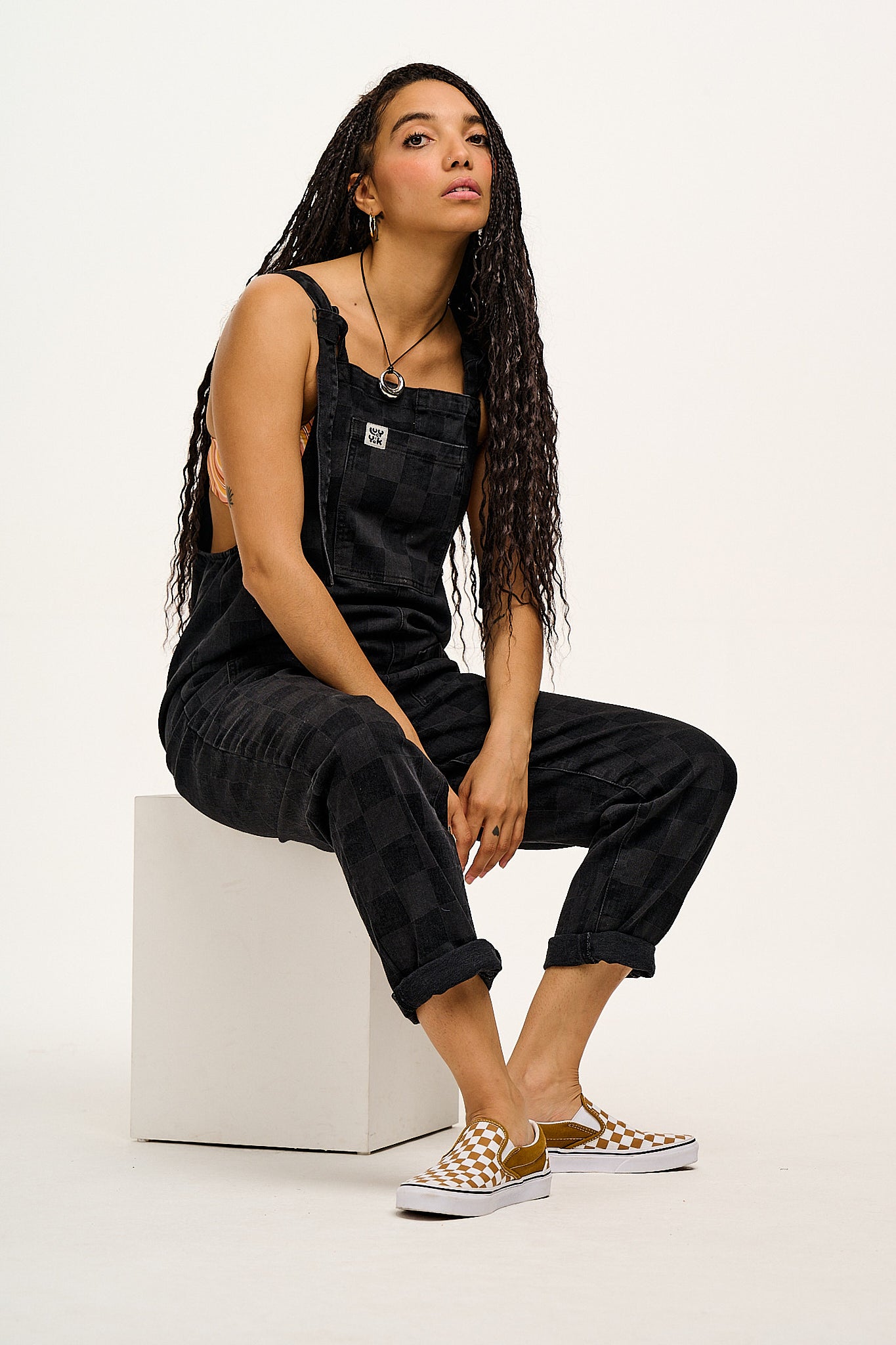 Original - Denim Dungarees in Washed Black Checkerboard