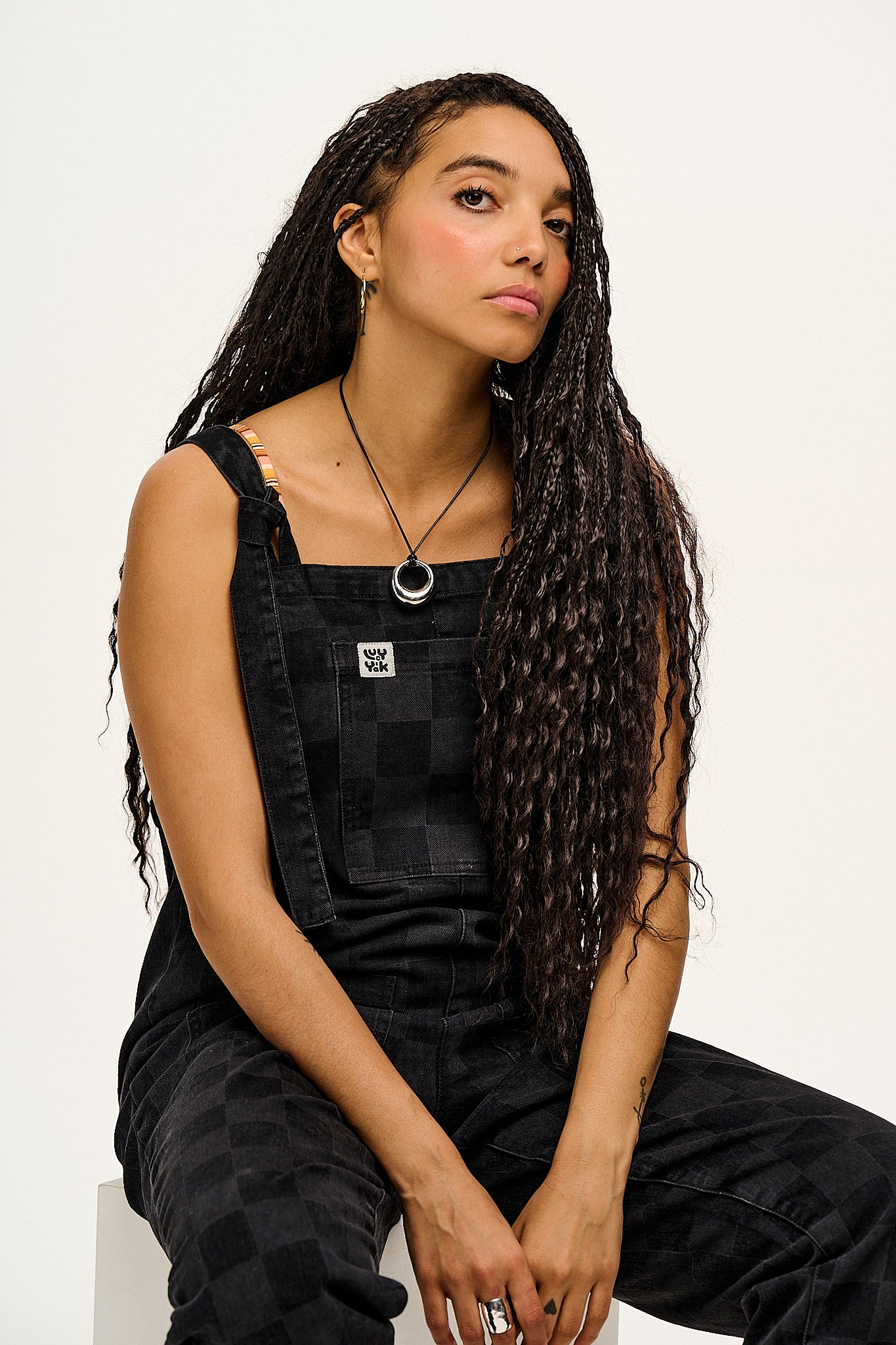 Original - Denim Dungarees in Washed Black Checkerboard