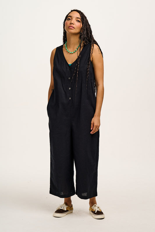 Finn - V-Neck Cotton & Linen Jumpsuit in Black