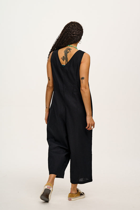 Finn - V-Neck Cotton & Linen Jumpsuit in Black