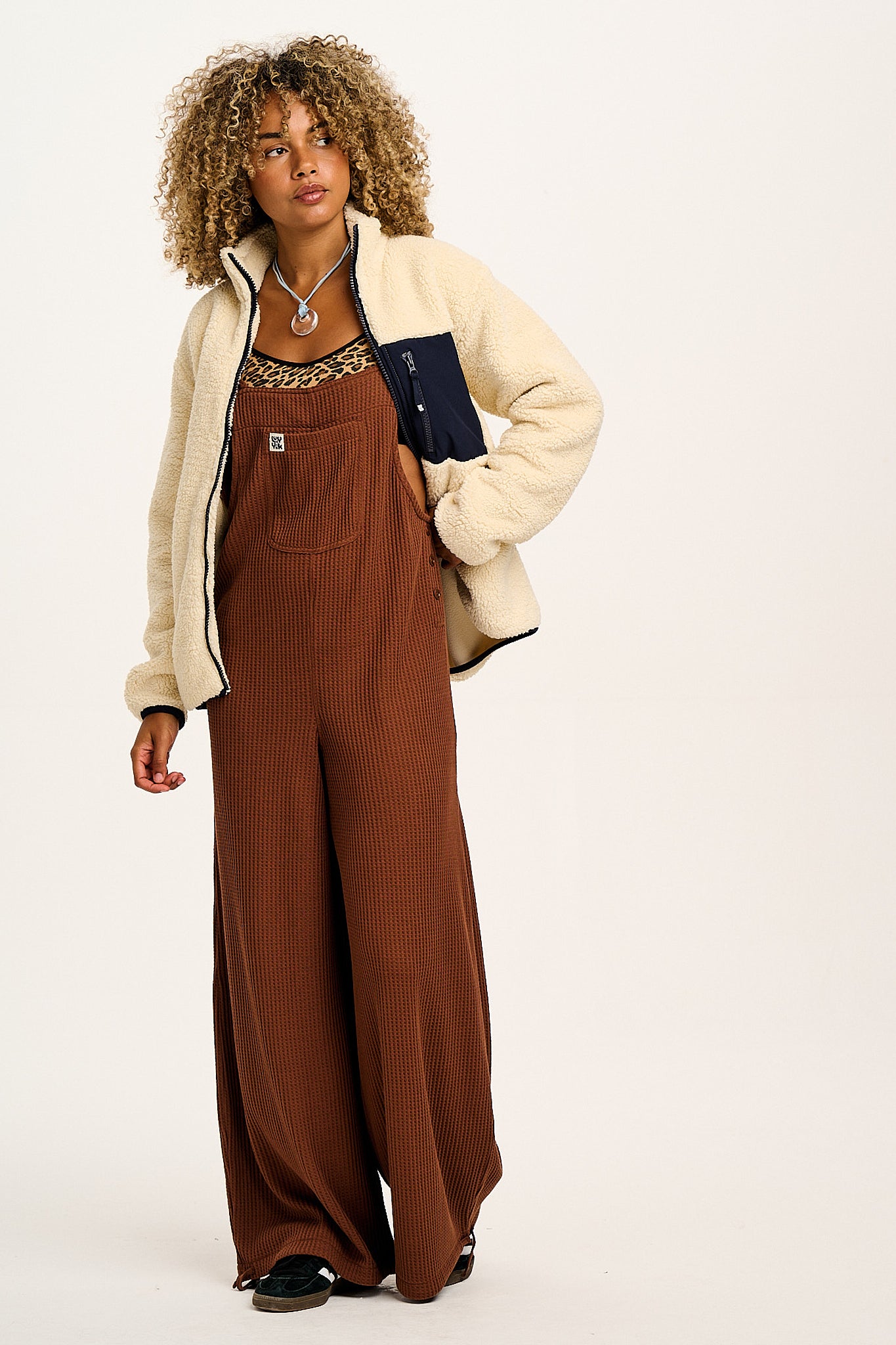 Ali - Slouchy Waffle Cotton Dungarees in Cappuccino Brown