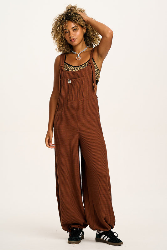 Ali - Slouchy Waffle Cotton Dungarees in Cappuccino Brown