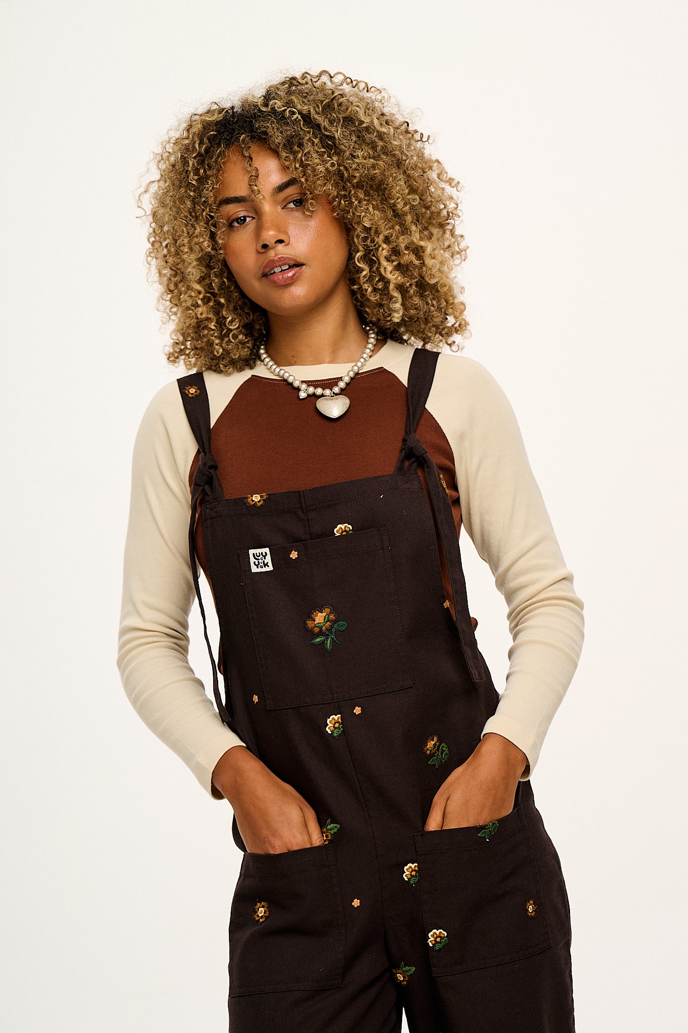 Original - Cotton Dungarees in Brown with Clara Embroidery