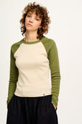 Avi - Long Sleeve Raglan Tee in Khaki & Cream Block