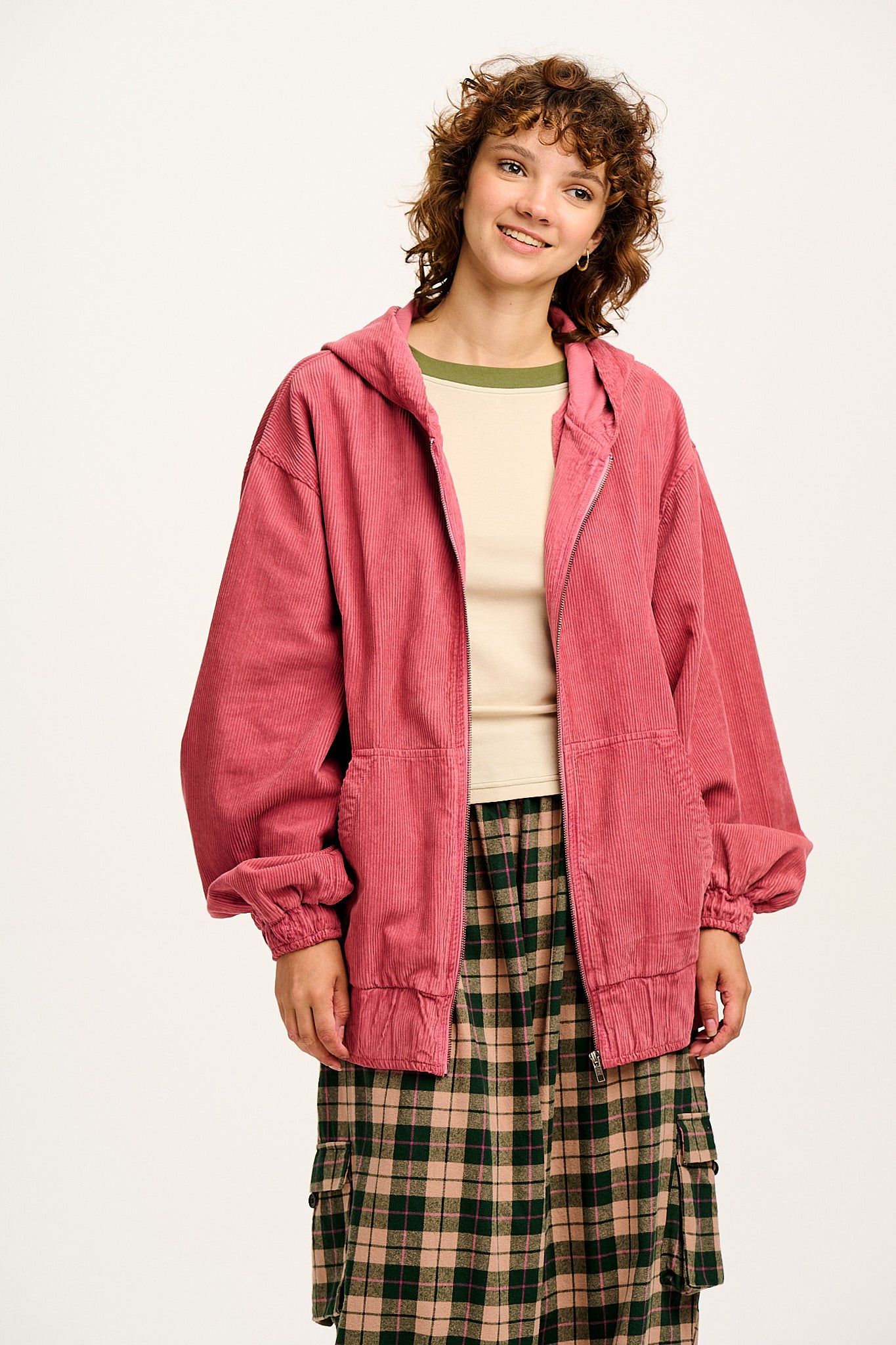 Wesley - Oversized Hoodie Corduroy Jacket in Rose Pink