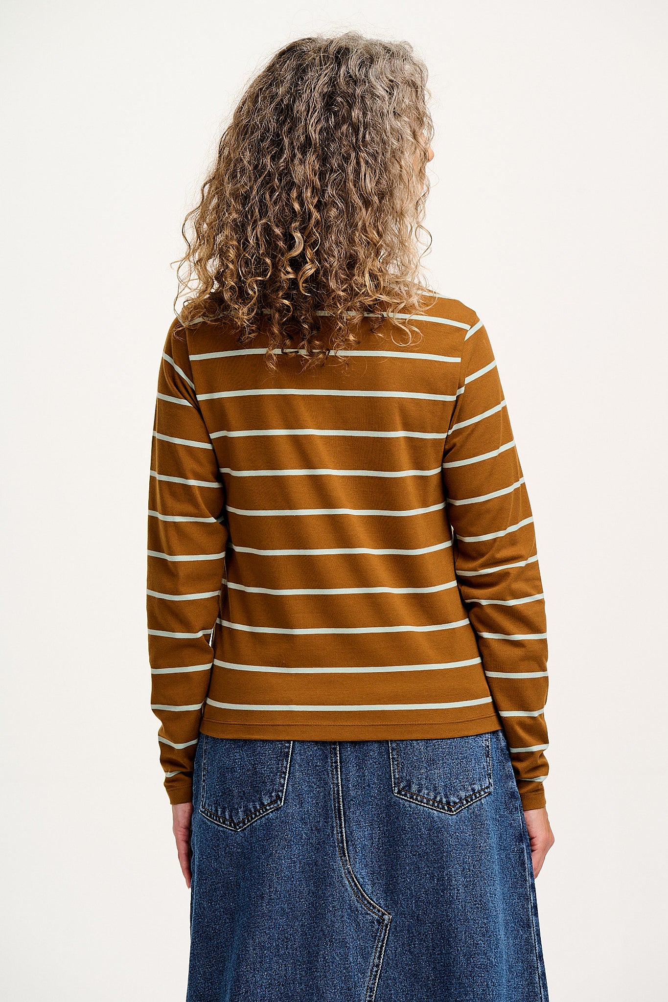 Rey - Long Sleeve Cotton Top in Caramel Stripe