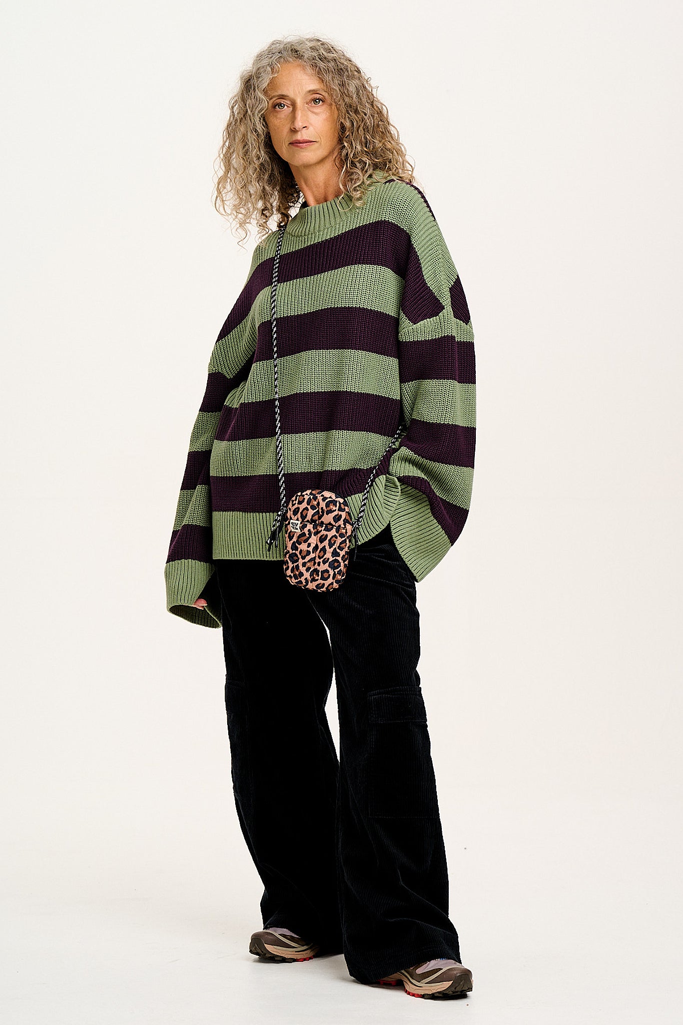 Amari - Oversized Knitted Jumper in Green & Purple Stripe