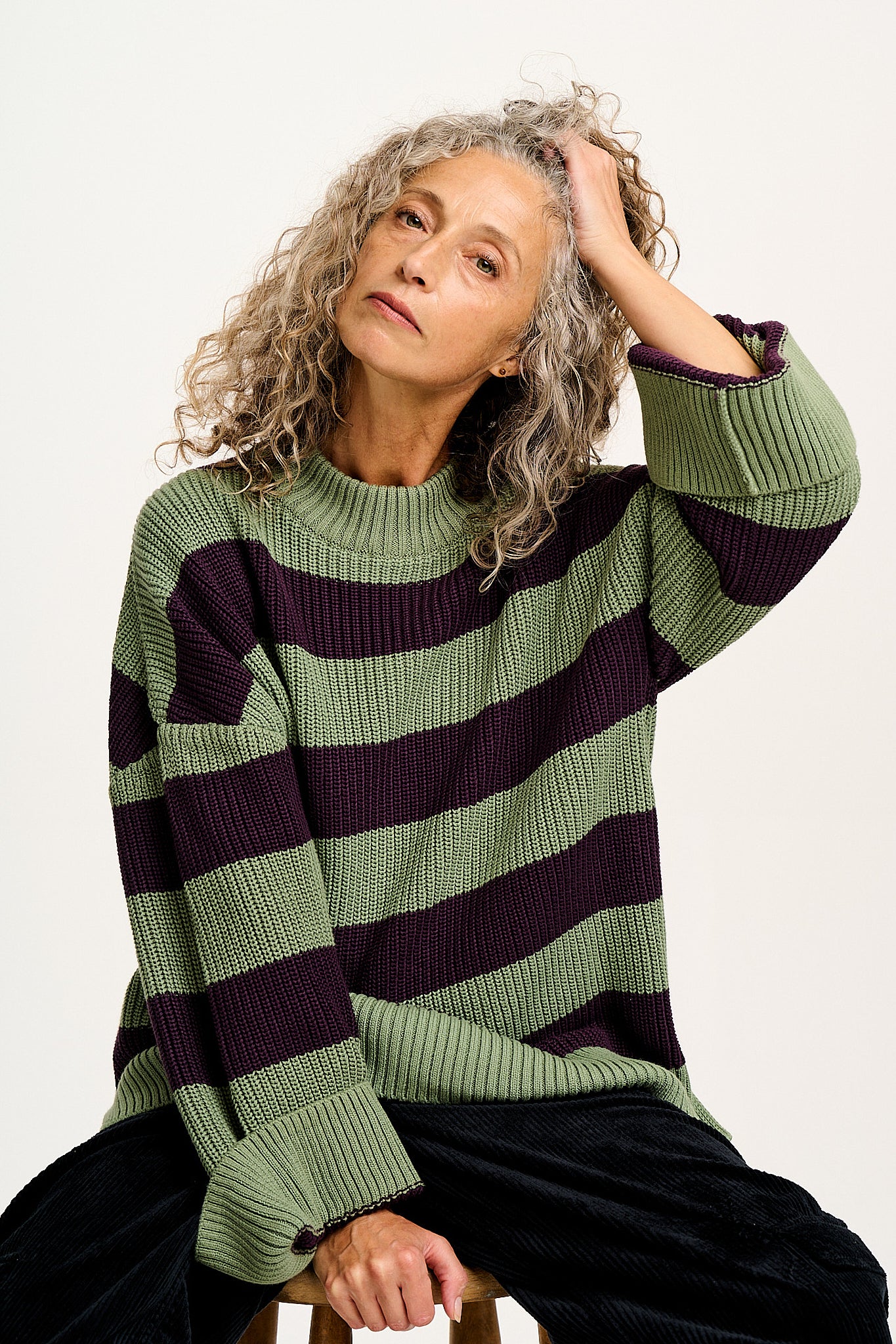 Amari - Oversized Knitted Jumper in Green & Purple Stripe